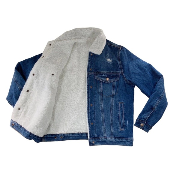 Denim Jacket Womens Small Sherpa Lined Trucker Distressed Fur Collar Cotton Poly - Picture 4 of 15
